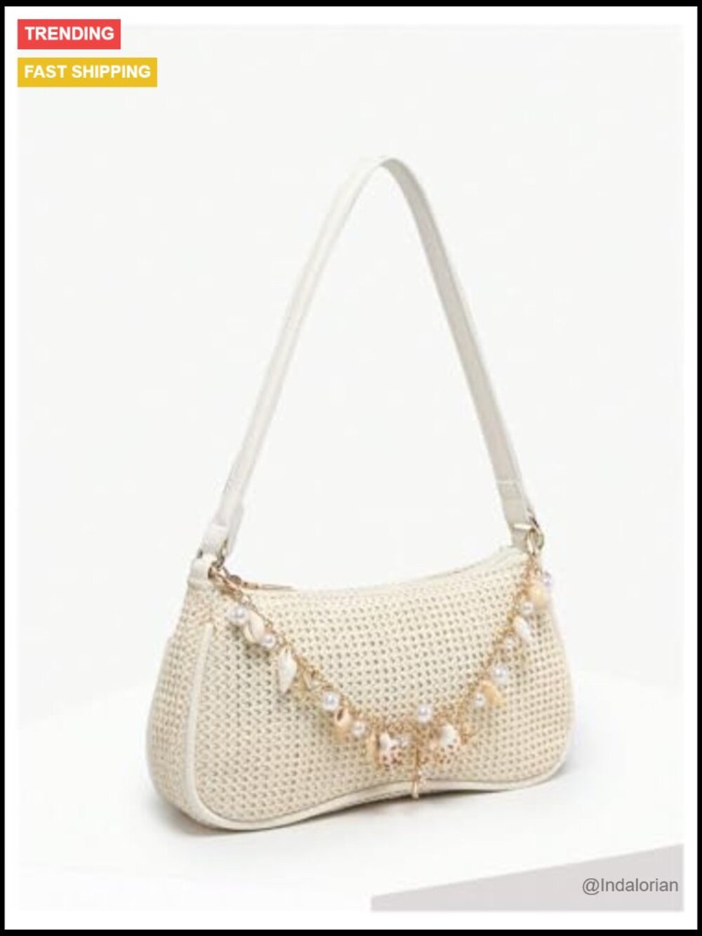 Boho Seashell Starfish Straw Shoulder Handbag with Chain Strap Top Handle - Picture 2 of 6